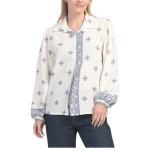 SPIGHE DI LINO Made In Italy Linen Blend Printed Peasant Sleeve Shirt